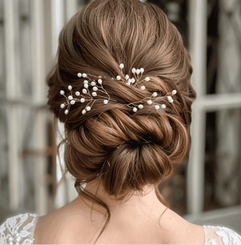 Elegant updo hairstyle adorned with delicate pearl hairpins, showcasing intricate styling details.
